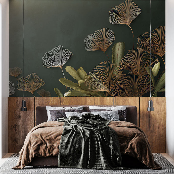 Tapeta delikatne liście | Wzór w kolorze brązu i głębokiej zieleni