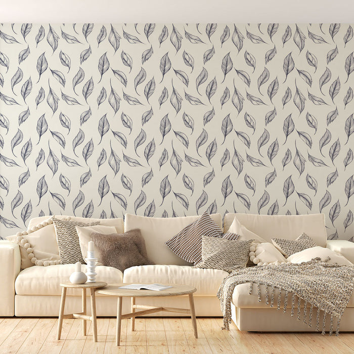 Mural Wallpaper delicate leaves | Elegantly sketched leaf patterns on a light background