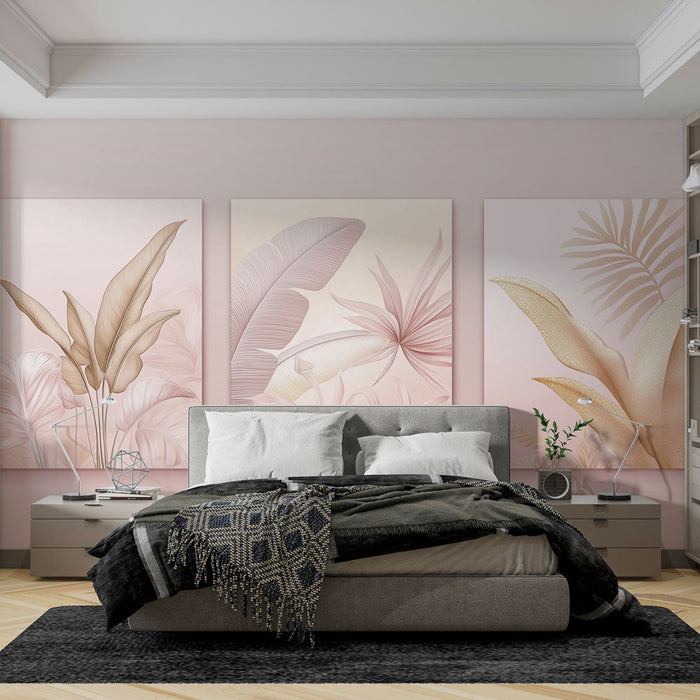 Mural Wallpaper delicate leaves | Floral patterns in shades of pink and gold