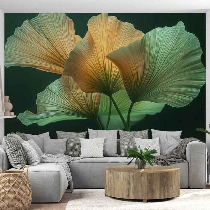 Mural Wallpaper delicate leaves | Elegant silhouettes of colorful leaves on a dark background