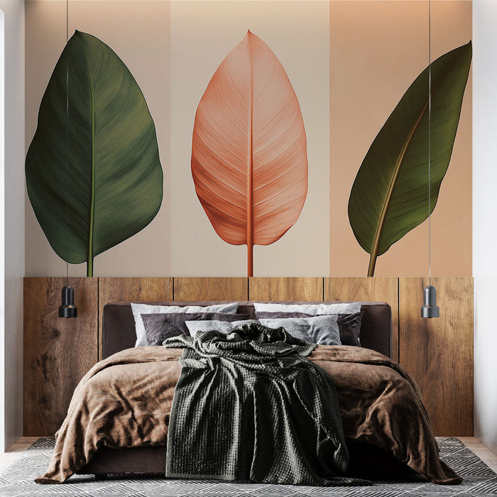 Mural Wallpaper leaves | Minimalist design with leaves in shades of green and pink