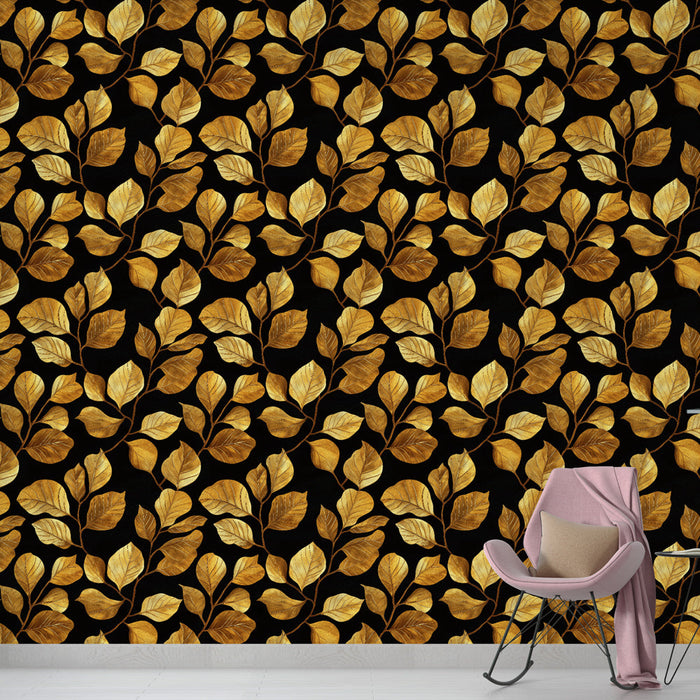 Tapeta s zlatnim listovima | Elegancija lišća na crnoj pozadini