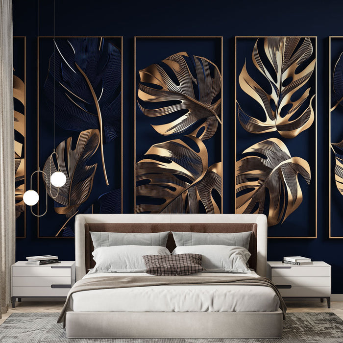 Tapet cu frunze aurii | Eleganța modelelor botanice reliefate pe fundal albastru închis