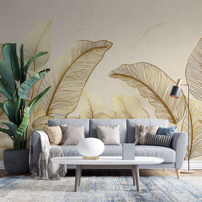 Tapete με χρυσά φύλλα | Απαλή κομψότητα με μοτίβα φύλλων σε μπεζ φόντο