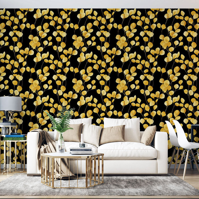 Tapete goldene Blätter | Elegantes goldenes Blattmuster auf schwarzem Hintergrund