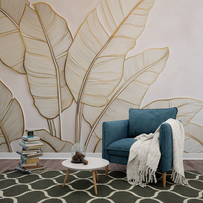 Tapeta zlatnih listova | Elegantni listovi s rafiniranim konturama na mekom pozadini