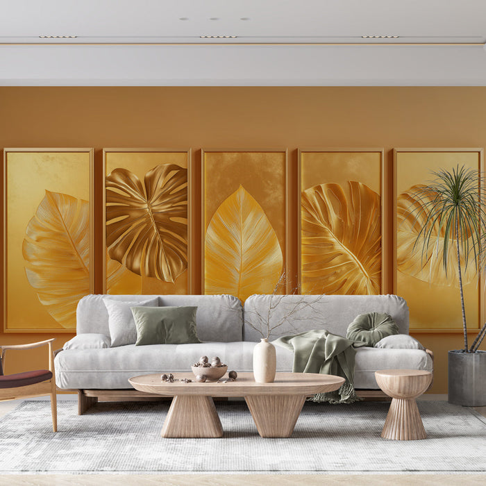 Fototapeet kuldsete lehtedega | Elegantne lehe reljeef soojal taustal