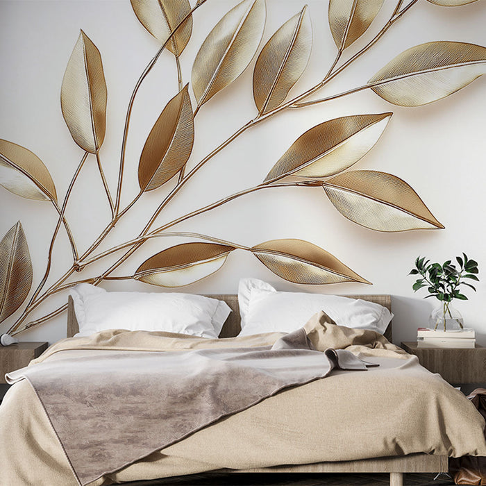 Mural Wallpaper golden leaves | Elegant metallic leaves on white background