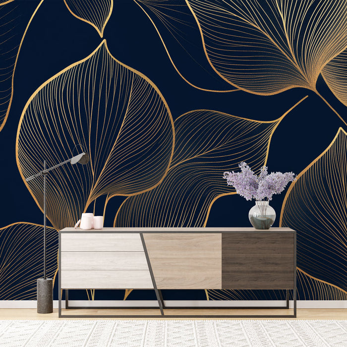 Mural Wallpaper golden leaves | Elegant lines on midnight blue background