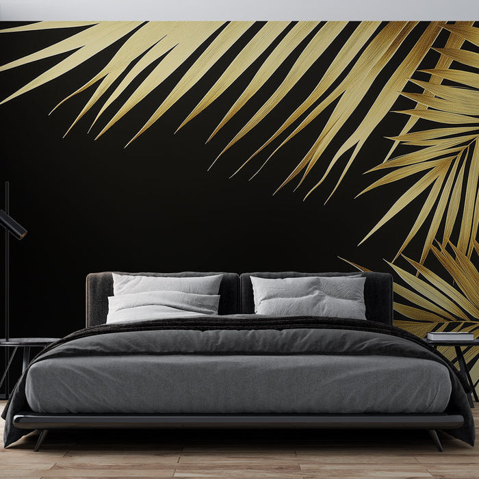 Mural Wallpaper golden leaves | Elegant palms on black background