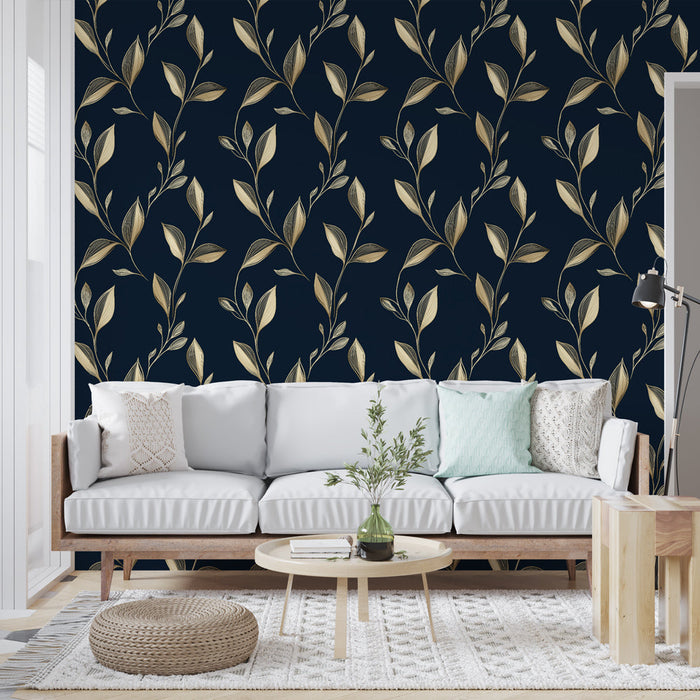 Tapet cu frunze aurii | Tulpini aurii elegante pe un fundal albastru închis