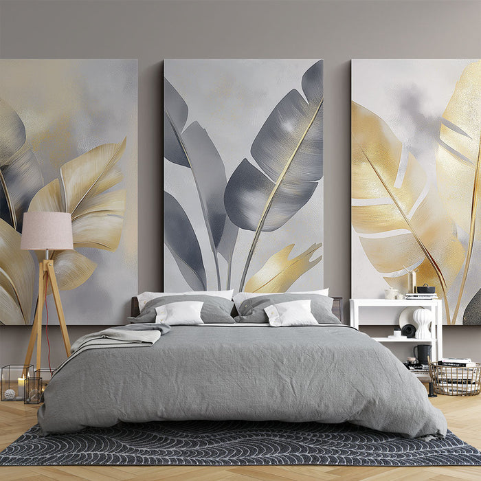 Tapete goldene Blätter | Set eleganter grauer und goldener Schattierungen