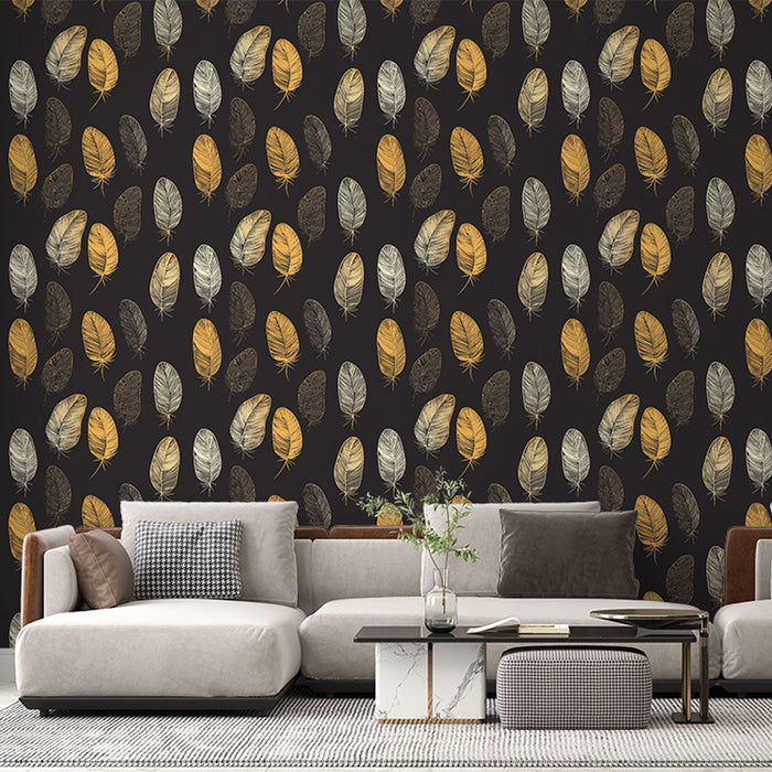 Fototapet gyldne og sølvblade | Farverige bladmønstre på en sort baggrund