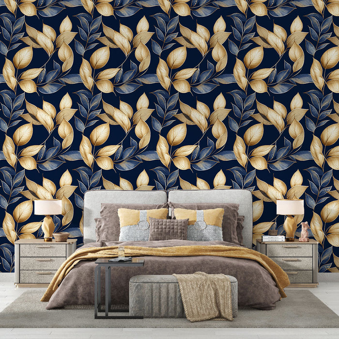 Mural Wallpaper golden and blue leaves | Foliage patterns on navy background