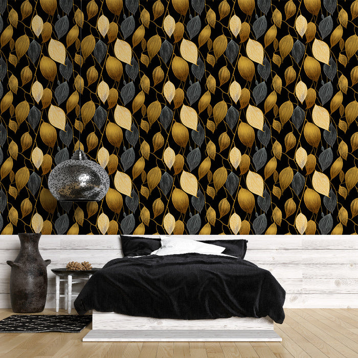 Tapeta zlatnih i sivih listova | Elegantni uzorak na crnoj pozadini