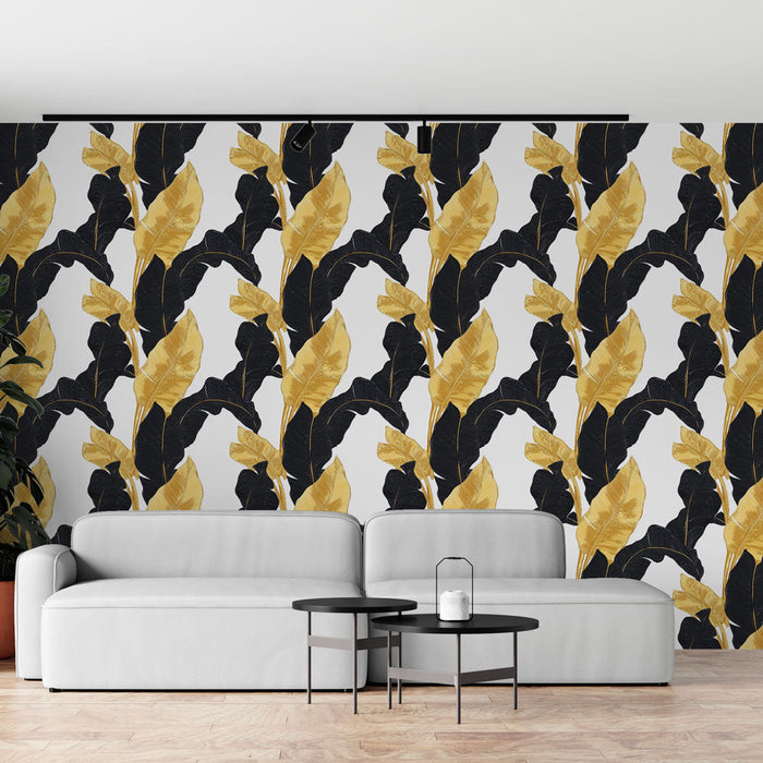 Foto Behang gouden en zwarte bladeren | Elegant patroon van gestileerde bladeren op een witte achtergrond