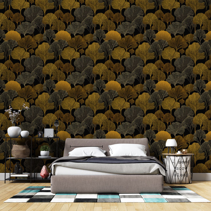 Tapeta s ​​zlatými a černými listy | Elegantní listové vzory na tmavém pozadí