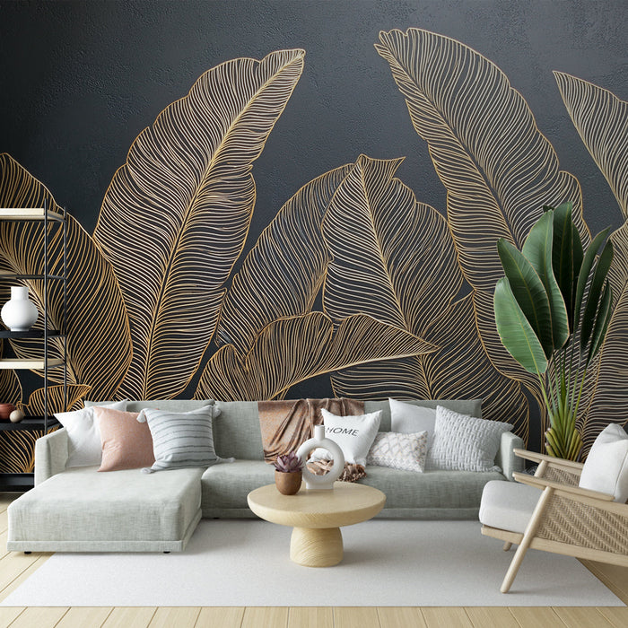 Mural Wallpaper golden leaves | Delicate leaves on elegant black background