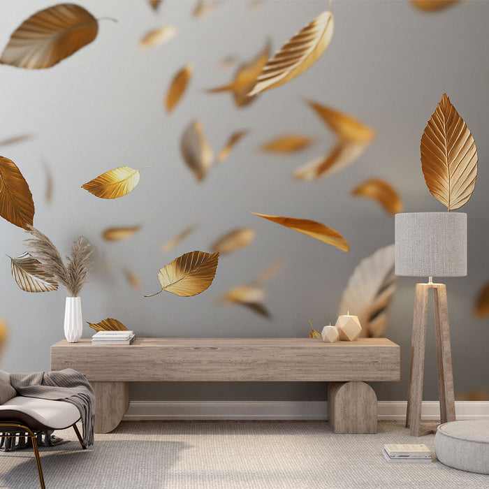 Mural Wallpaper golden leaves | Floating leaves on shaded background