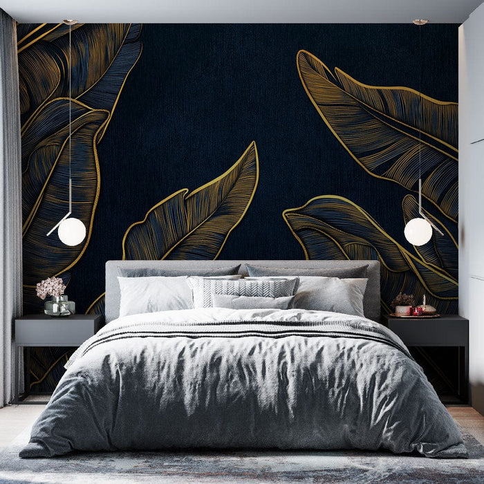 Muralna tapeta zlati listi | Stilizirani listi na ozadju v barvi polnočne modrine