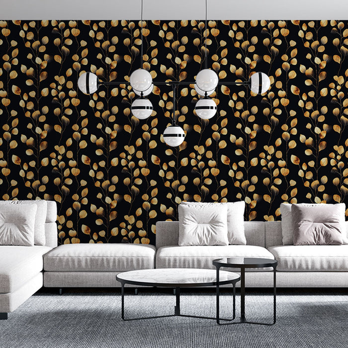 Fototapet altın yapraklar | Siyah bir zemin üzerinde zarif yaprak deseni