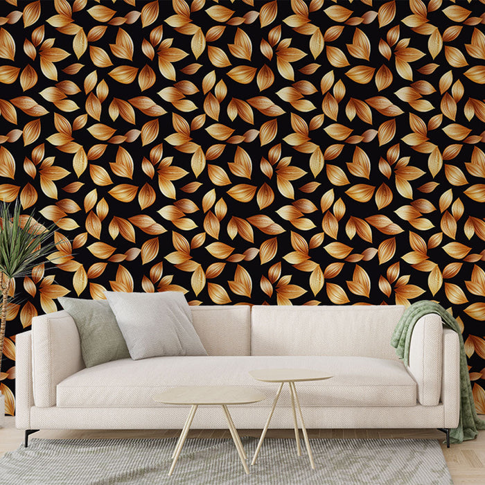 Carta da parati con foglie dorate | Motivo a foglia dorata su sfondo nero
