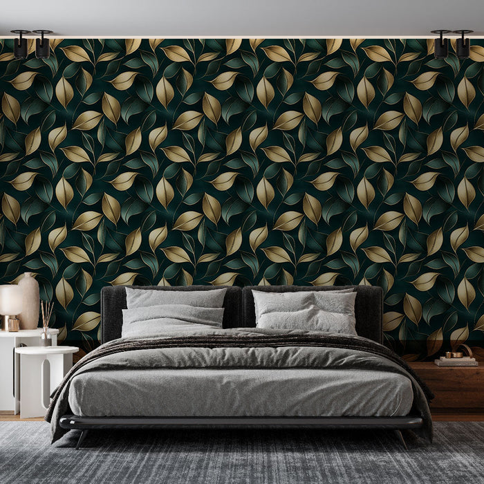 Fototapet gylne blader | Stilisert bladmønster på dyp grønn bakgrunn