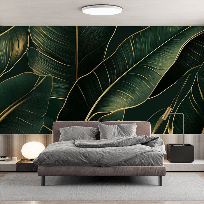 Ταπετσαρία τοίχου χρυσά φύλλα | Τροπικό μοτίβο φύλλων με χρυσές πινελιές σε σκούρο πράσινο φόντο
