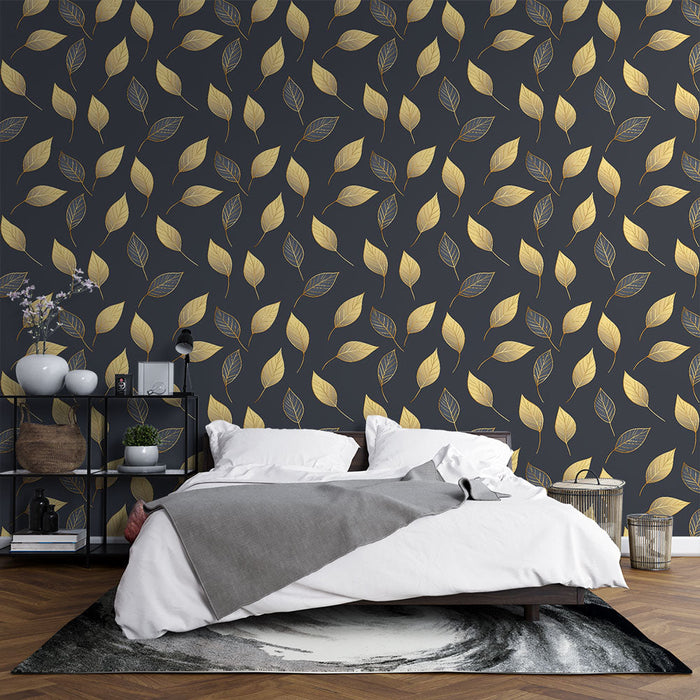 Mural Wallpaper golden leaves | Delicate pattern of golden leaves on a dark background