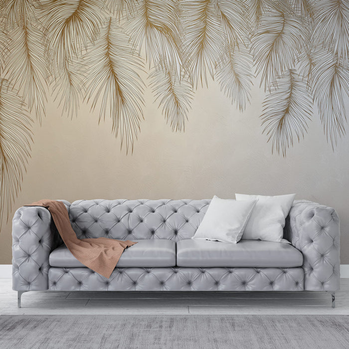 Fototapet altın yapraklar | Nötr bir arka plan üzerinde altın yaprakların hassas motifi