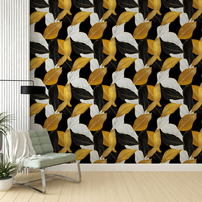 Fototapeet kuldsete lehtedega | Elegantne lehtede muster kuldsetes, valgetes ja mustades toonides mustal taustal