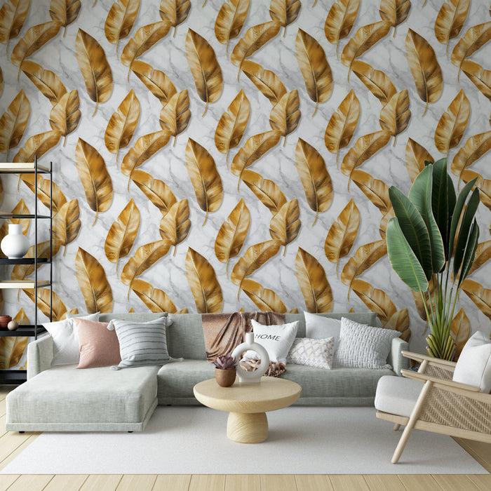 Mural Wallpaper golden leaves | Elegant pattern of golden leaves on a white marbled background