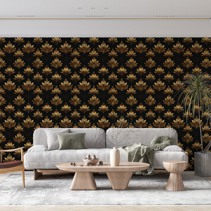 Foto Behang gouden bladeren | Elegant patroon van gouden bladeren op een zwarte achtergrond
