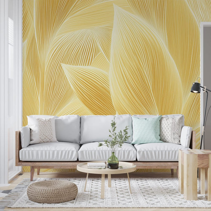 Ταπετσαρία τοίχου χρυσά φύλλα | Κομψό μοτίβο στυλιζαρισμένων φύλλων σε παστέλ κίτρινο