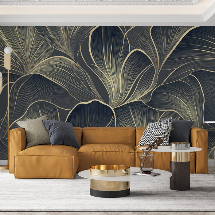 Carta da parati foglie dorate | Modello elegante di foglie stilizzate su sfondo scuro