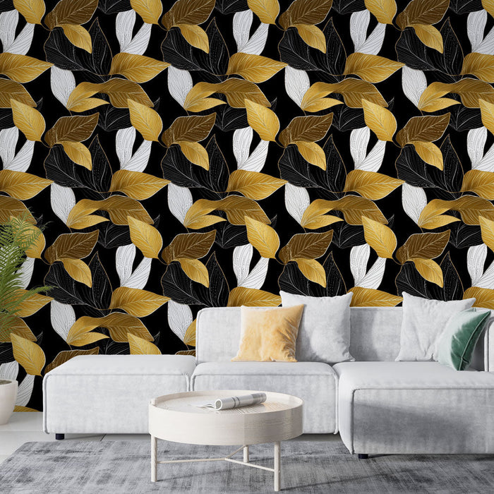 Tapeta z zlatimi listi | Eleganten vzorec listja na črnem ozadju