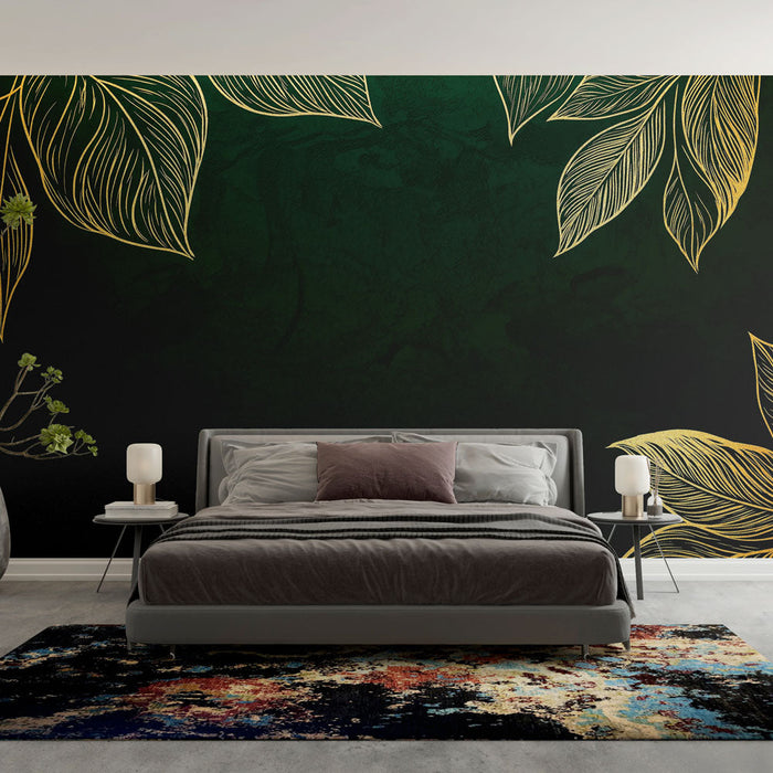 Papel de parede folhas douradas | Padrão elegante de folhas em fundo verde escuro