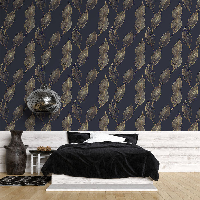 Mural Wallpaper golden leaves | Pattern on midnight blue background