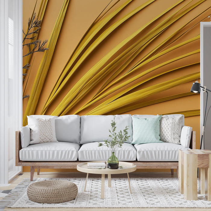 Mural Wallpaper golden leaves | Botanical patterns on soft orange background