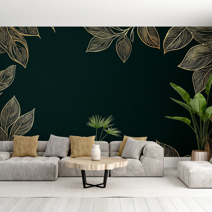 Tapeta z liśćmi złotymi | Eleganckie wzory liści na głębokim zielonym tle