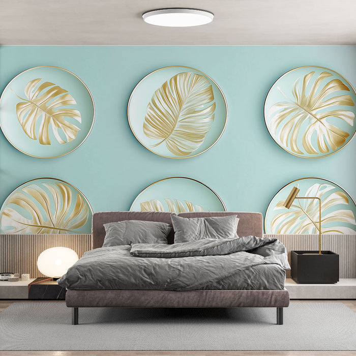 Mural Wallpaper golden leaves | Palm patterns on soft blue background