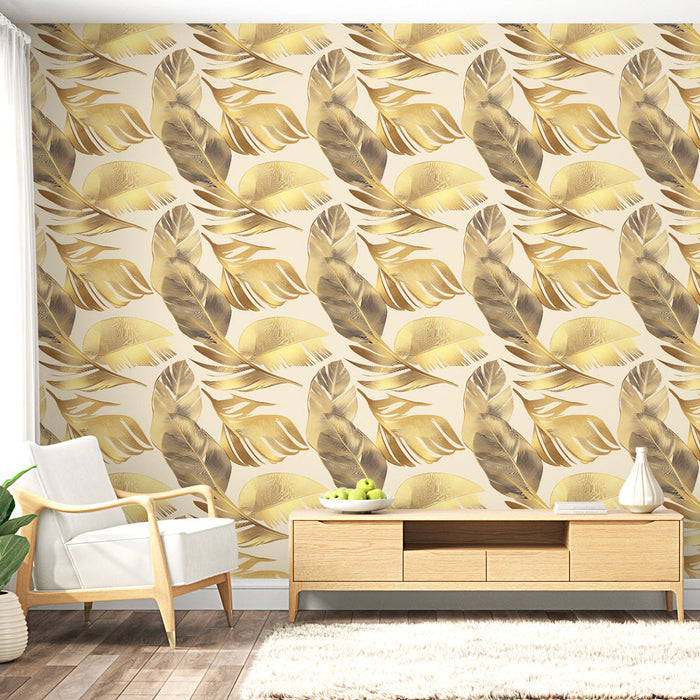 Mural Wallpaper golden leaves | Elegant patterns of golden leaves on a cream background