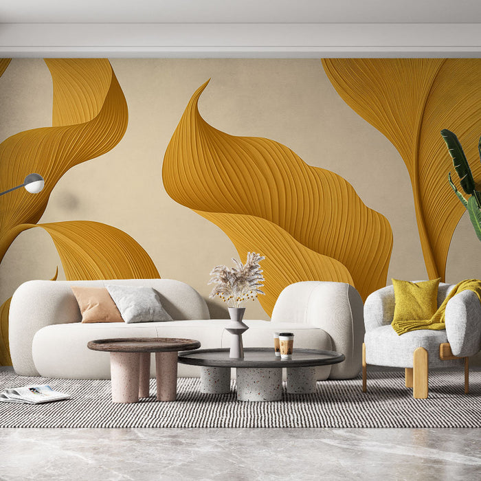 Mural Wallpaper golden leaves | Elegant textured leaf patterns on a soft background