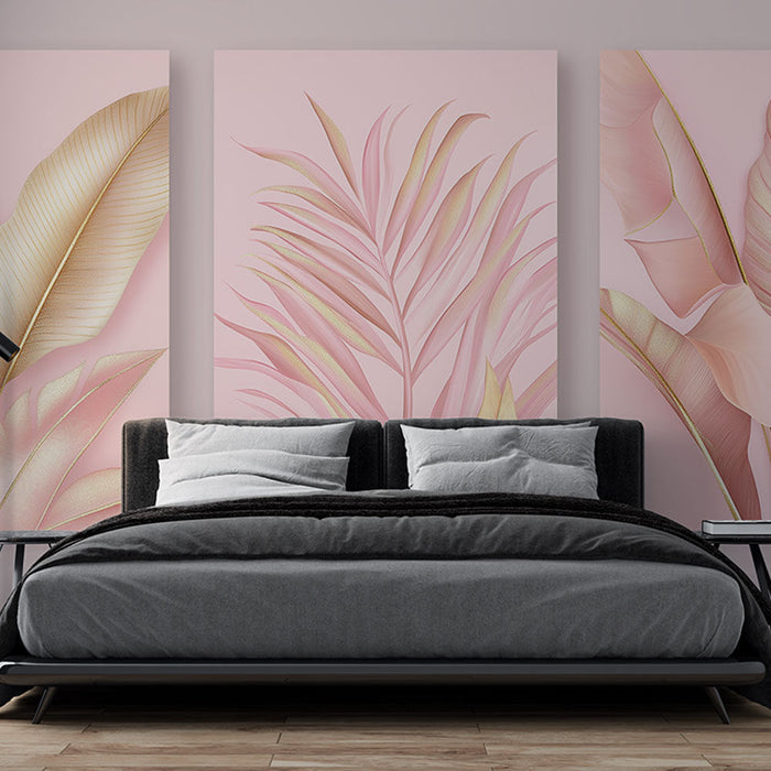 Mural Wallpaper golden leaves | Elegant floral patterns on a pink background