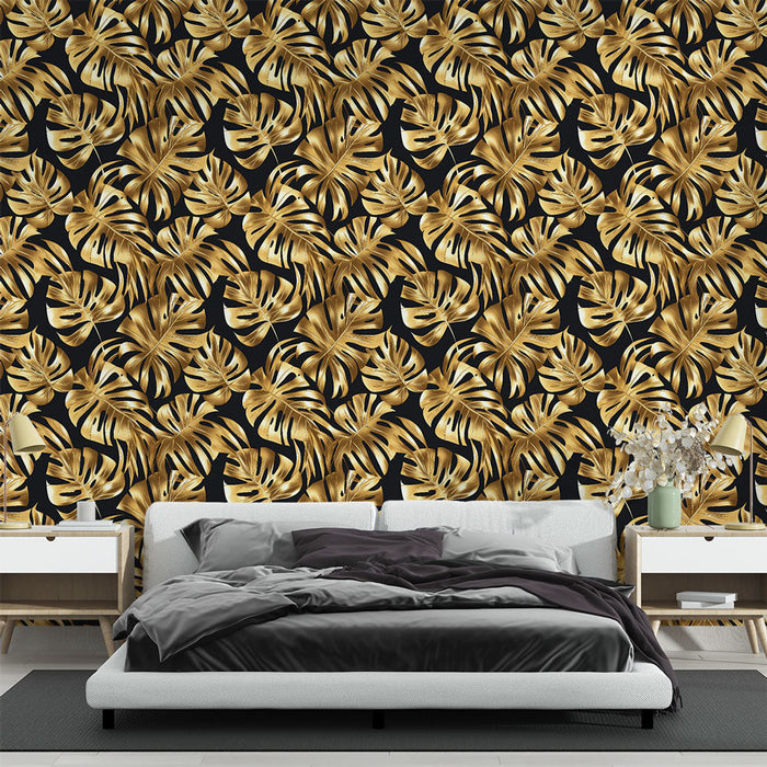 Foto Behang gouden bladeren | Luxe monstera bladpatronen op een zwarte achtergrond