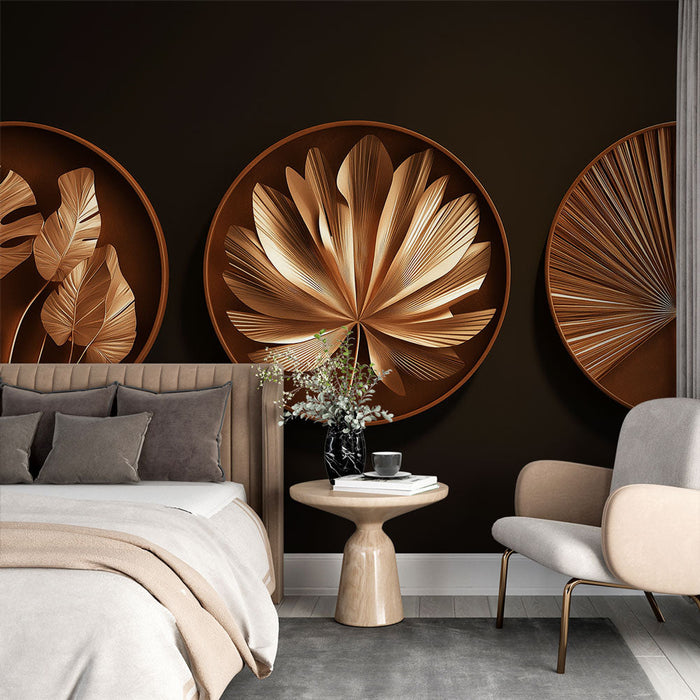 Tapete goldene Blätter | Trio eleganter Reliefblattmuster