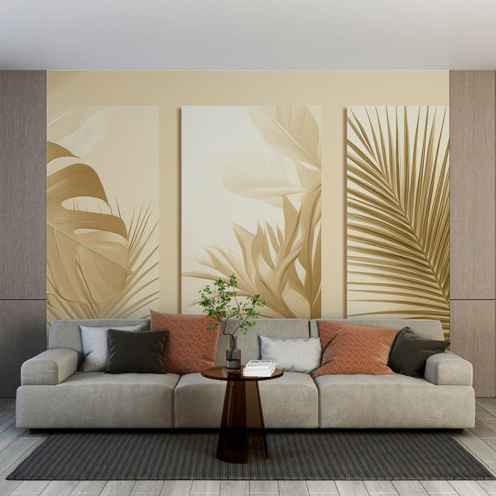 Foto Behang gouden bladeren | Elegant trio van blad in gouden tinten