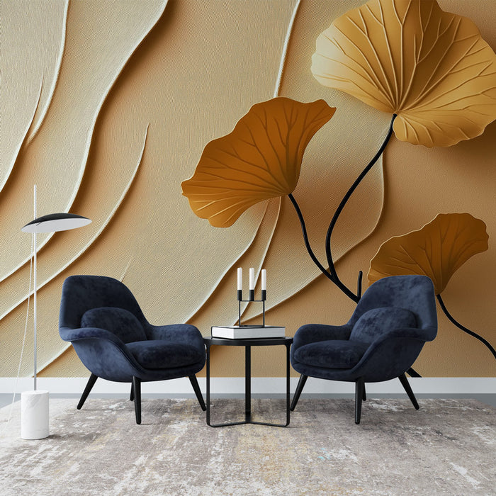 Mural Wallpaper golden leaves | A modern and textured design with stylized leaves