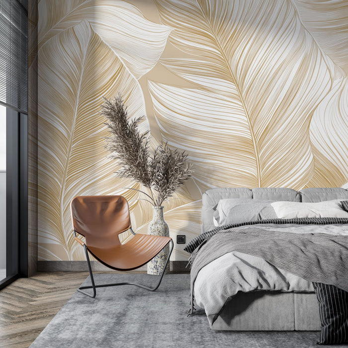 Muraaltapeet kuldsed lehed | Peen muster kuldsetest lehtedest beežil taustal