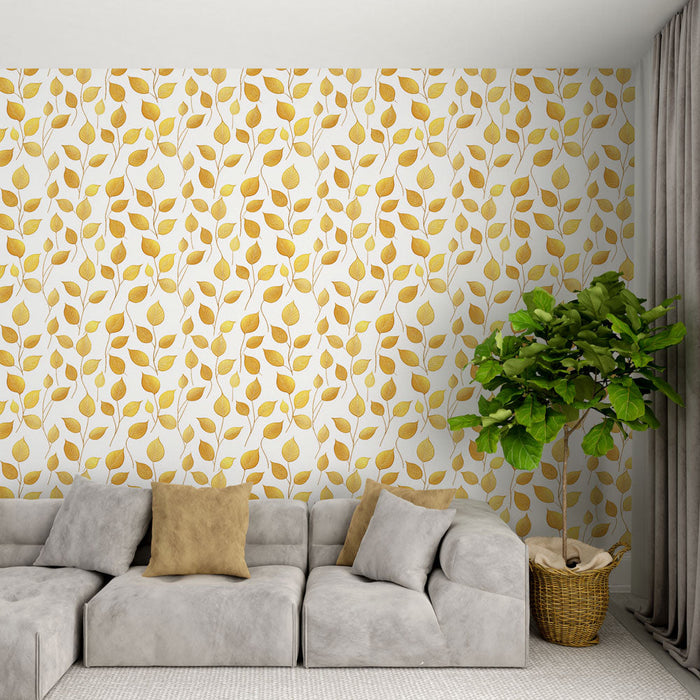 Tapete с златни листа | Деликатен модел на златни листа на бял фон